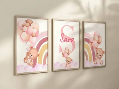 Kit 3 Quadros Decorativo Moldura Ursinhos Menina A3 34x44