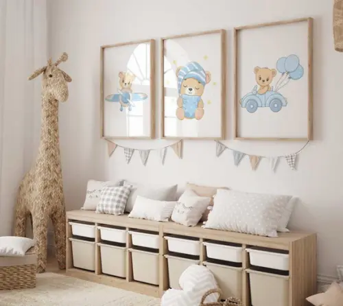 Kit 3 Quadros Decorativo Moldura Ursinhos Fofos Azul A3