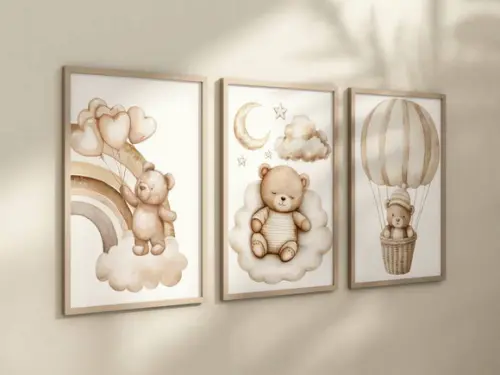 Kit 3 Quadros Decorativo Moldura Ursinhos Fofos Arco-íris A4