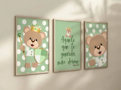 Kit 3 Quadros Decorativo Moldura Ursinho Príncipe Verde A4
