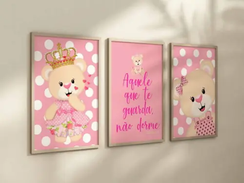 Kit 3 Quadros Decorativo Moldura Ursinha Princesa Rosa A4