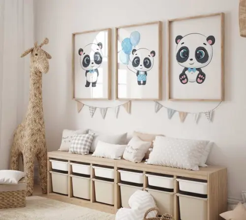 Kit 3 Quadros Decorativo Moldura Ursinhos Panda Azul A3