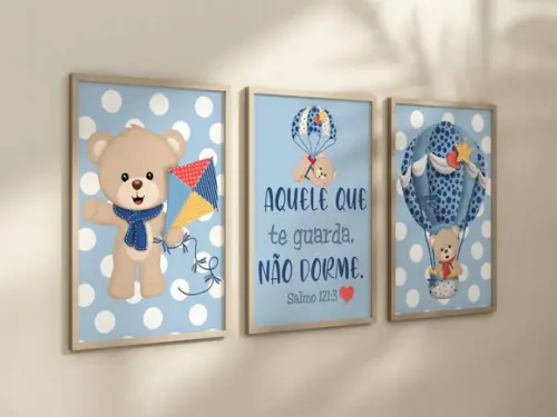Kit 3 Quadros Decorativo Moldura Ursinho Aventureiro Azul A4