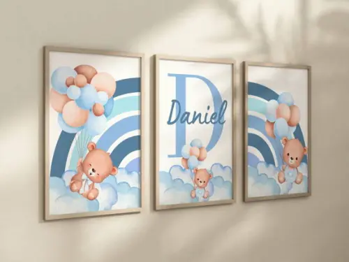 Kit 3 Quadros Decorativo Moldura Ursinhos Menino A4 24x34