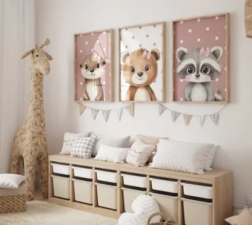 Kit 3 Quadros Decorativos Moldura Safari Rosé Laço A3