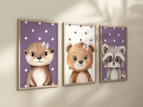 Kit 3 Quadros Decorativos Moldura Safari Roxo Laço A4
