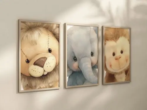 Kit 3 Quadros Decorativos Safari Rosto Pelúcia Berçário A4
