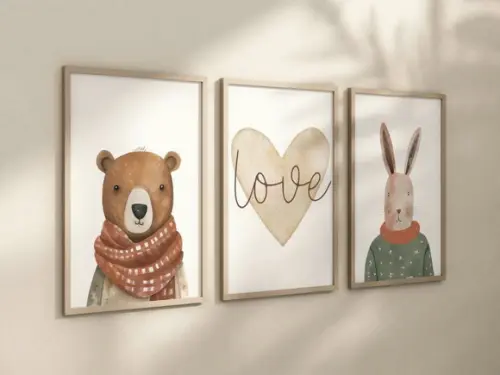 Kit 3 Quadros Decorativo Moldura Animais Fofo Boho Love A4