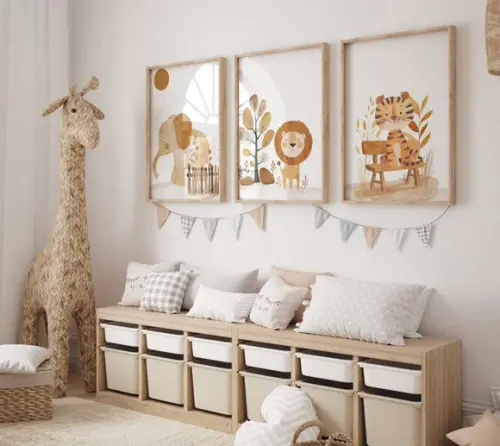 Kit 3 Quadros Decorativos Moldura Bebe Safari Animal A3