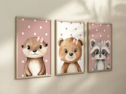 Kit 3 Quadros Decorativos Moldura Safari Rosé Laço A4