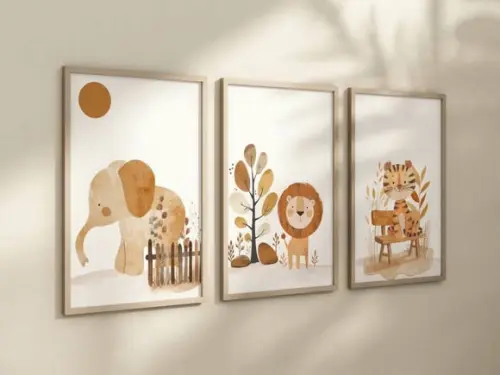 Kit 3 Quadros Decorativos Moldura Bebe Safari Animal A4
