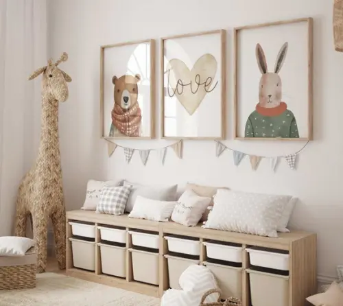 Kit 3 Quadros Decorativo Moldura Animais Fofo Boho Love A3