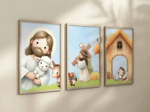 Kit 3 Quadros Decorativo Jesus Mini Berçário A4 24x34