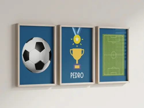 Kit 3 Quadros Decorativos Futebol Berçário Bola Troféu