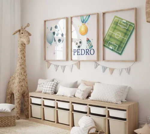 Kit 3 Quadros Decorativos Futebol Berçário Bola Troféu