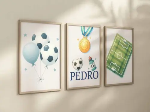Kit 3 Quadros Decorativos Futebol Berçário Bola Troféu