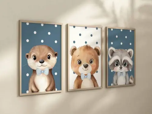 Kit 3 Quadros Decorativos Moldura Safari Azul Gravata A4
