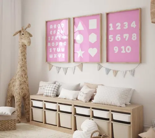 Kit 3 Quadros Moldura Alfabeto Números Formas Menina