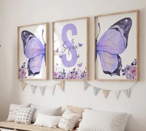 Kit 3 Quadros Moldura Borboleta Berçário Flores Roxo 34x44