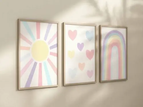 Kit 3 Quadros Moldura Boho Love Sol Arco-iris Cor Pastel A4