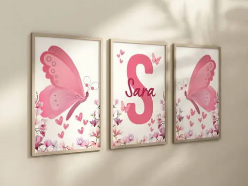 Kit 3 Quadros Moldura Borboleta Berçário Flores e 24x34