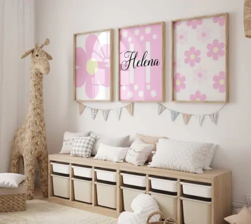 Kit 3 Quadros Decorativos Boho Flores Florido Berçário A3