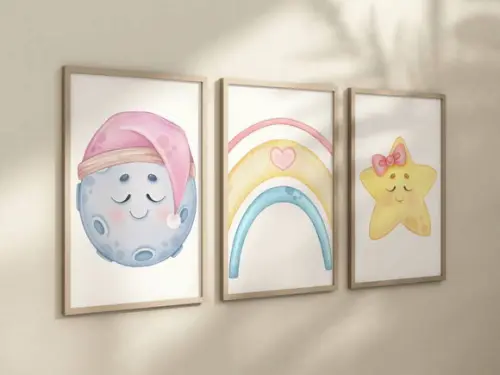 Kit 3 Quadros Boho Lua Arco Íris Estrela Infantil Menina A4