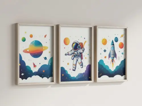 Kit 3 Quadros Decorativo Moldura Astronauta a Infantil 24x34