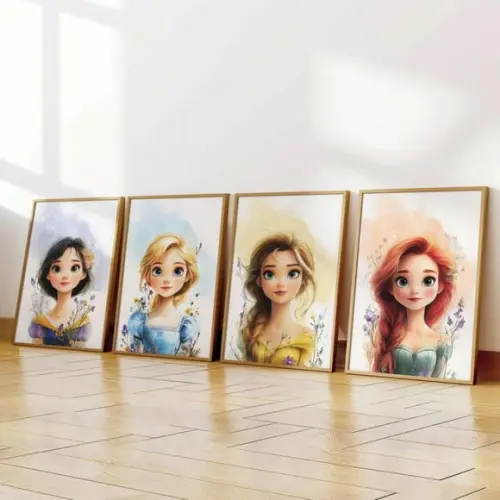 Kit 4 Quadros Decorativos Princesas Arte Moderna A3