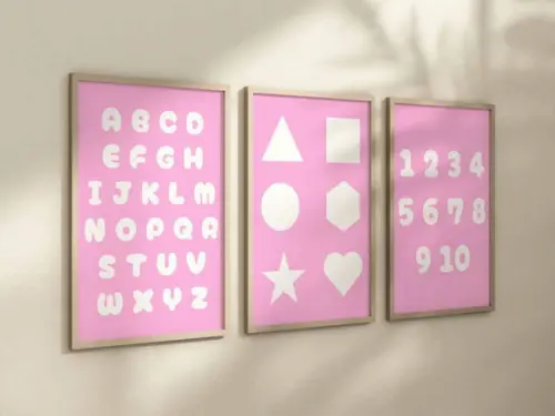 Kit 3 Quadros Moldura Alfabeto Números Formas Menina