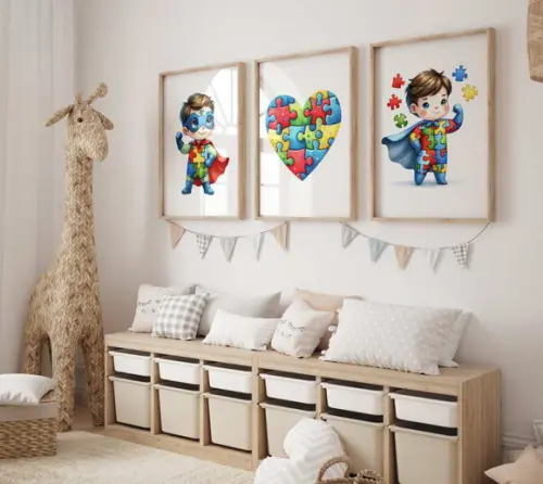 Kit 3 Quadros Decorativos Moldura Consciência Autismo Menino
