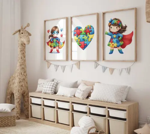 Kit 3 Quadros Decorativos Moldura Consciência Autismo Menina