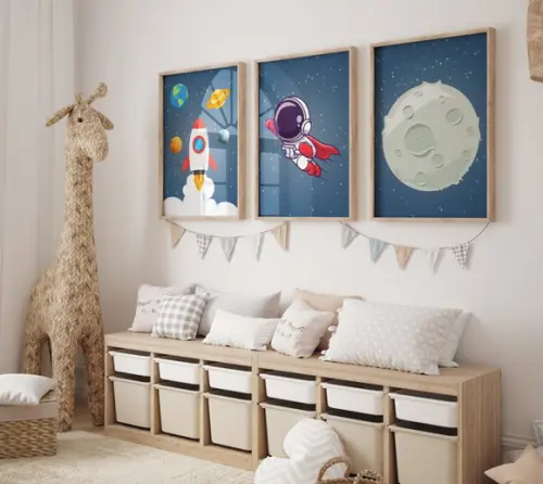 Kit 3 Quadros Decorativo Moldura Astronauta Infantil c
