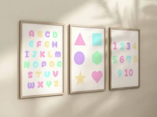 Kit 3 Quadros Moldura Alfabeto Números Formas Menina