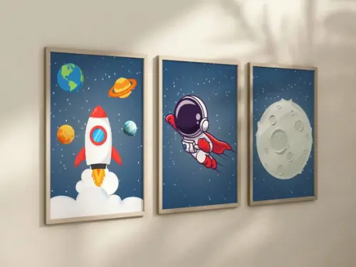 Kit 3 Quadros Decorativo Moldura Astronauta Infantil c
