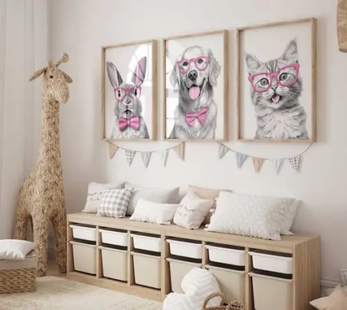 Kit 3 Quadros Decorativo Moldura Cachorro Gato Coelho Óculos