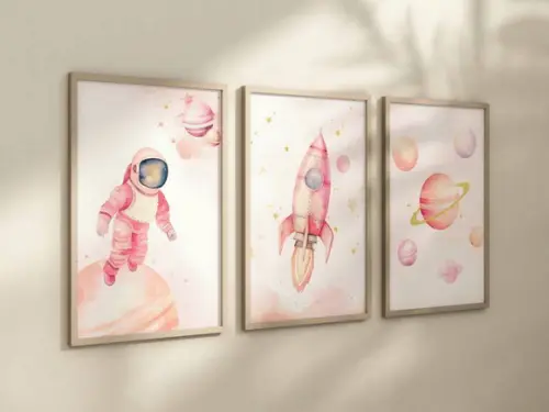 Kit 3 Quadros Decorativo Moldura Astronauta Menina A4
