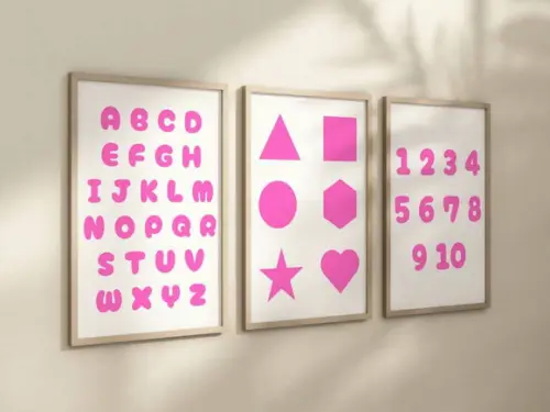 Kit 3 Quadros Moldura Alfabeto Números Formas Menina
