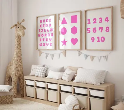 Kit 3 Quadros Moldura Alfabeto Números Formas Menina