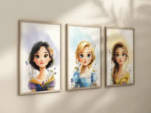 Kit 3 Quadros Decorativos Princesas Arte Moderna A4