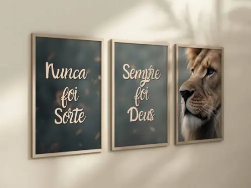 Kit 3 Quadros Moldura Leão Nunca Foi Sorte Sempre Foi Deus