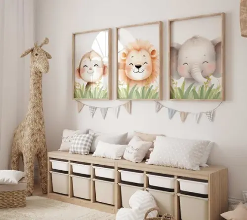 Kit 3 Quadros Decorativos Moldura Bebe Safari Animal A3