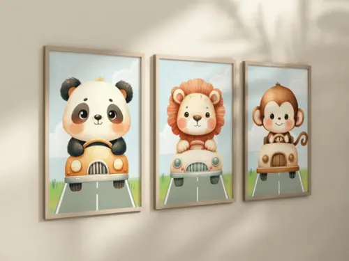 Kit 3 Quadros Decorativos Moldura Bebe Safari Carrinho A4