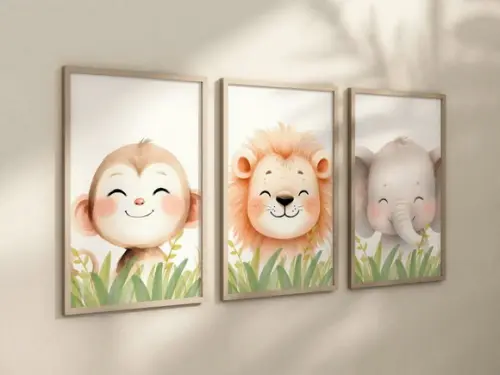 Kit 3 Quadros Decorativos Moldura Bebe Safari Animal A4