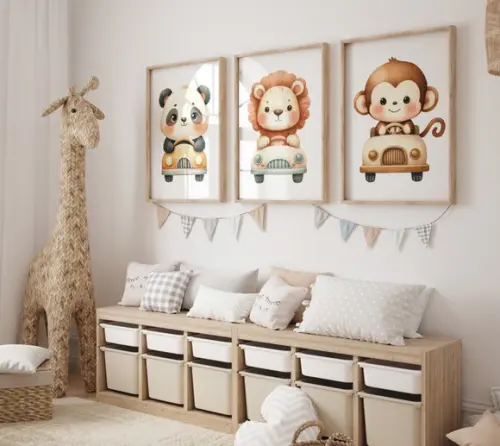 Kit 3 Quadros Decorativos Moldura Bebe Safari Carrinho A3