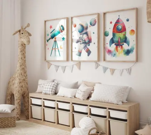 Kit 3 Quadros Decorativo Moldura Astronauta D Infantil 34x44
