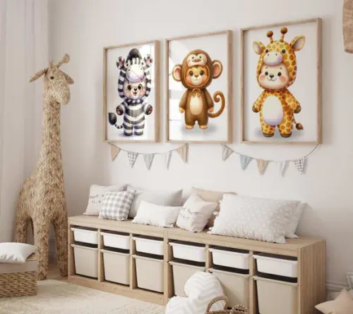 Kit 3 Quadros Decorativos Moldura Urso Fantasia Safari A3