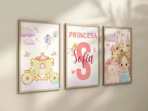 Kit 3 Quadros Moldura Princesa Berçário A4 24x34