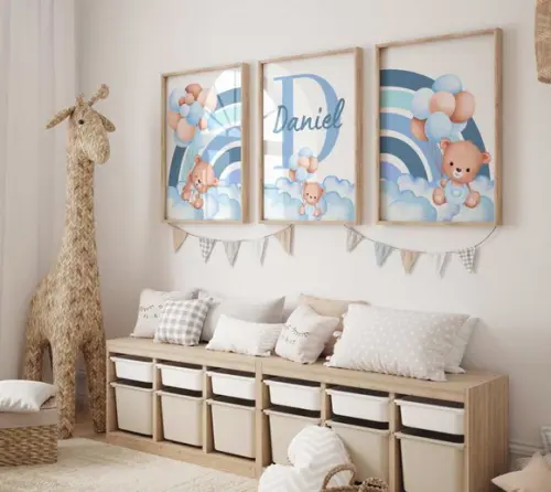 Kit 3 Quadros Decorativo Moldura Ursinhos Menino A3 34x44