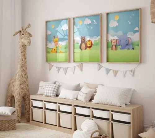 Kit 3 Quadros Decorativos Moldura Bebe Safari Paisagem A3